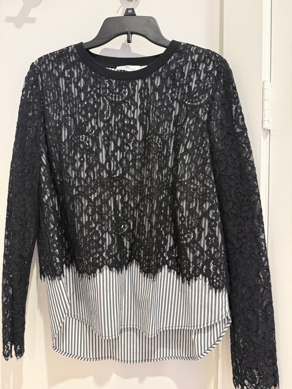 Vineyard Vines Black Lace-Overlay Long Sleeve Top with White/Black Striped Hem
